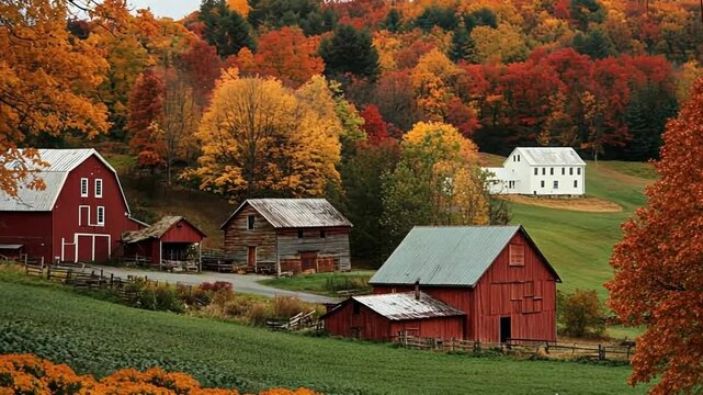 Colorful autumn landscape featuring rustic barns and vibrant trees.