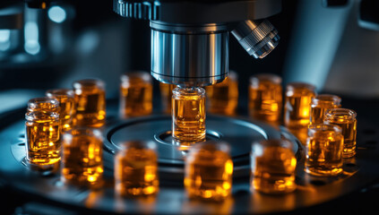 Laboratory test tubes with colorful liquids glowing in a dark setting with candlelight reflections