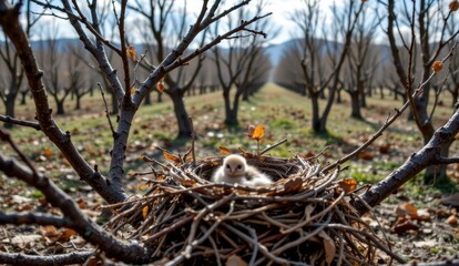 bird nest abandoned in pesticide treated orchard, no chicks, trees sterile and silent, haunting scene of disrupted natural life cycles.