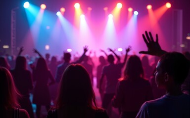 Crowd dancing under colorful lights at a lively party or concert. High quality
