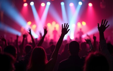 Energetic Crowd at a live concert with hands raised and colorful vibrant stage lights, music festival excitement concept. High quality