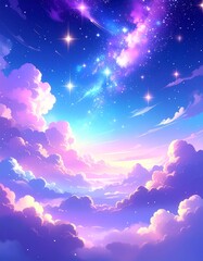 ファンタジーな夜空：青と紫のグラデーションと輝く雲Generated image