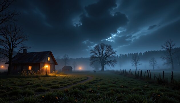 night scene of chemically treated farm with glowing toxic mist, owls and bats absent, sterile silence where once nightlife thrived.