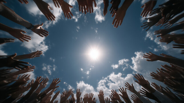 Unity team with hands up