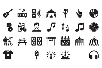 Black vector icons for festivals, stage shows, outdoor concerts, and entertainment branding

