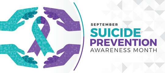 Suicide prevention awareness month - Teal and purple hand hold care ribbon awarenss sign with low poly texture style vector design