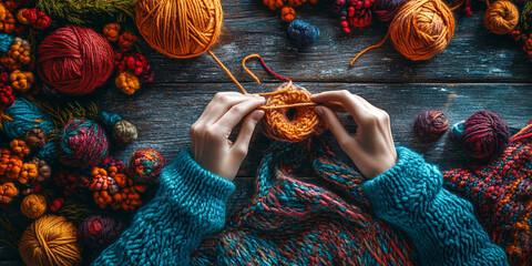 Overhead view of hands knitting a colorful sweater with various yarn balls.