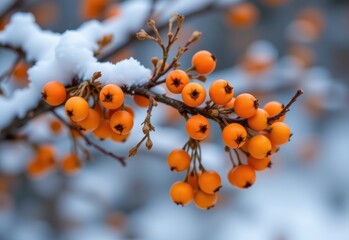 sea buckthorn berries glowing orange on winter branch, rare antioxidant rich superfood visualized in crisp detail.
