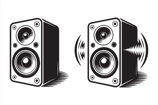Bold vector icon of black box speakers with concentric woofer detailing