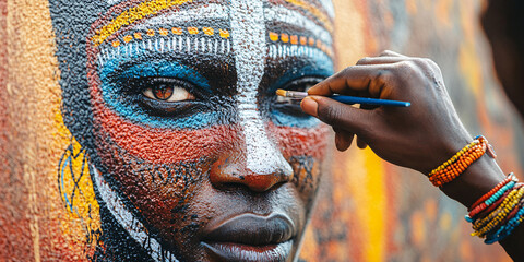 A captivating close-up of an artist meticulously painting intricate designs on a person's face,