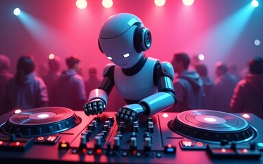 Robot disc jockey at the dj mixer and turntable plays nightclub during party. Entertainment, party concept. 3D illustration. High quality