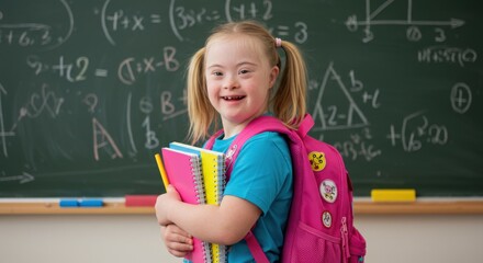 Smiling student with down syndrome in a classroom holding books and a backpack representing inclusion and education diverse school environment