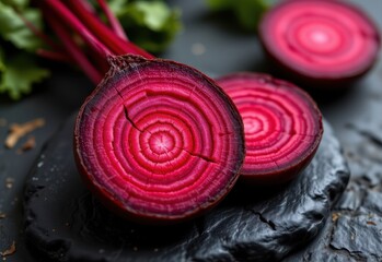 beetroot sliced on black stone, glowing concentric rings, visualizing nitrate rich antioxidant protection from root to heart.