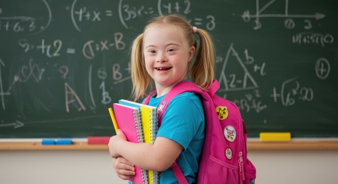 Smiling student with down syndrome in a classroom holding books and a backpack representing inclusion and education diverse school environment