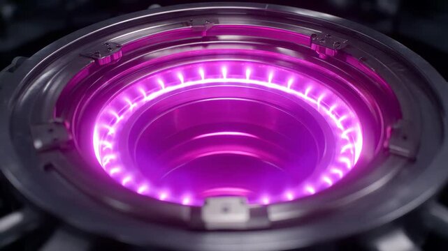 Close-Up View of Modern Gas Burner Emitting Vibrant Purple Flames with Intricate Metal Design