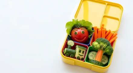 Healthy lunch box with vegetables tomato carrot broccoli cucumber train for kids school lunch ideas
