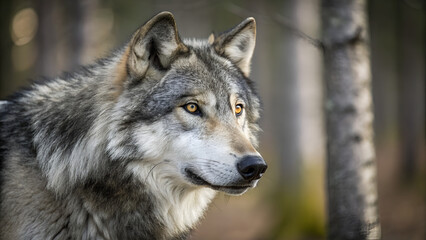 Obraz premium Close up portrait of a gray wolf with piercing amber eyes in a forest setting