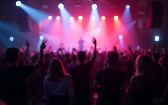 Nightclub dj party concert scene at night with abstract crowds and spotlights. High quality