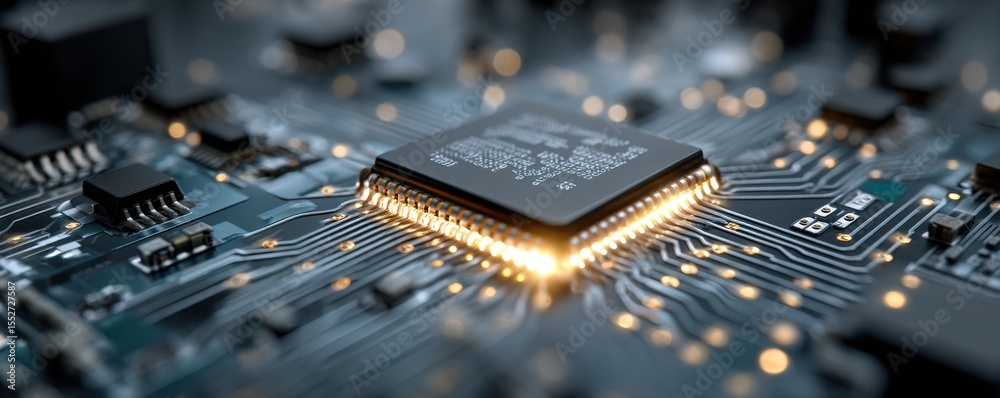 Poster close-up of a computer microchip on a blue circuit board background