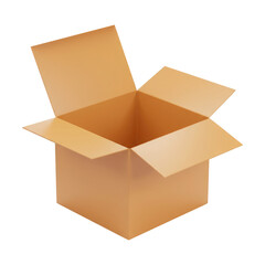 Open 3D Cardboard Box Icon for Shipping and Storage. Cut Out, Clipping Path Isolated on Transparent Background. 