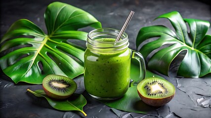 Refreshing green kiwi smoothie in a mason jar with fresh kiwi slices and tropical leaves