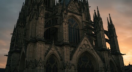 Gothic Cathedral Sunset Silhouette: Intricate Stonework at Golden Hour