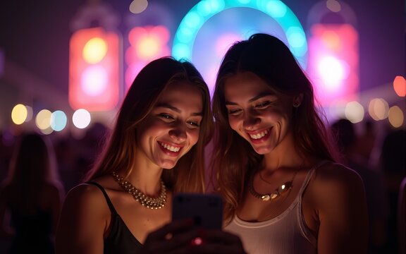 Happy female friends using cell phone during summer music festival at night, Generative AI. High quality