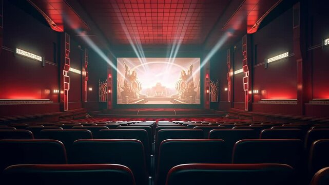 Cinema theater with movie scene on wide screen and empty chairs in the cinema hal