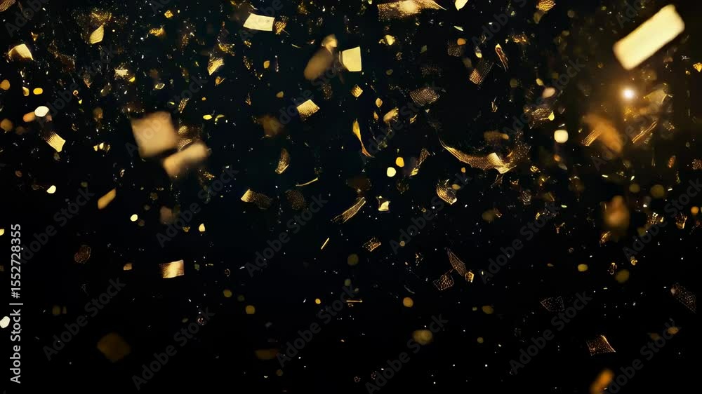 Poster Gold confetti falling in a loop on a black background with glittering festive particles
