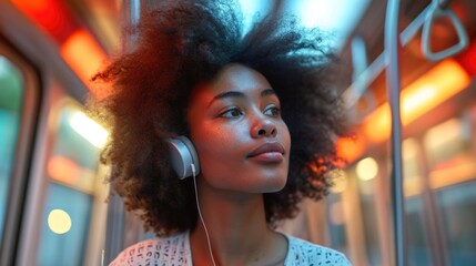 portrait of African woman, casual outfit, wear headphone, inside a MRT train, morning light background.