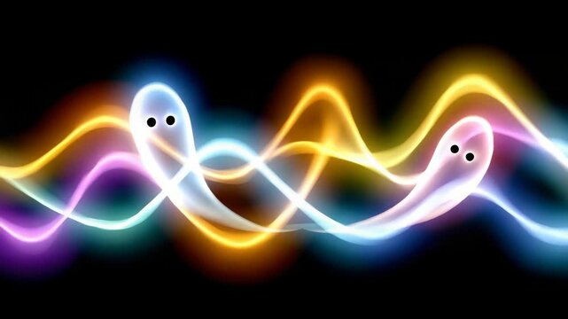 Colorful Animated Waves with Playful Ghost Figures in a Vibrant Background
