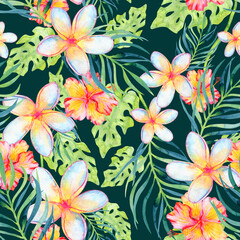 Jungle watercolor flowers seamless tropical floral pattern