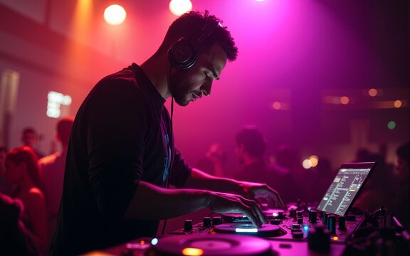 Charismatic disc jockey at the turntable. DJ plays on the best, famous CD players at nightclub during party. EDM, party concept. High quality - Powered by Adobe