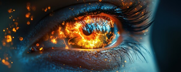 Fiery close-up of an eye featuring vibrant flames and detailed textures