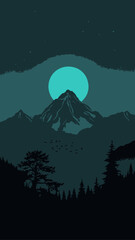 night mountain landscape with moon and birds, digital illustration, anime scene, digital scene view 