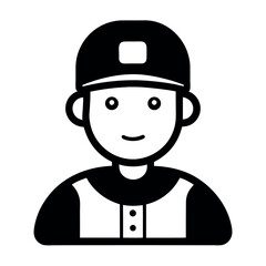 Black and White Illustration of a Cartoon Baseball Player with Hat and Uniform