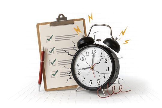 Cracked alarm clock and checklist represent urgent deadline and time management stress