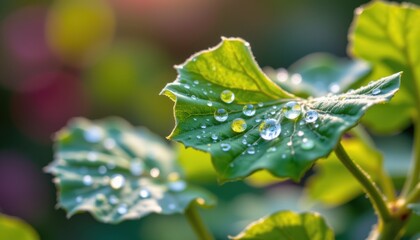 close up artistic view of fresh ginkgo biloba leaves dripping morning dew, with glowing molecular structures that support slowing of bodily decline.