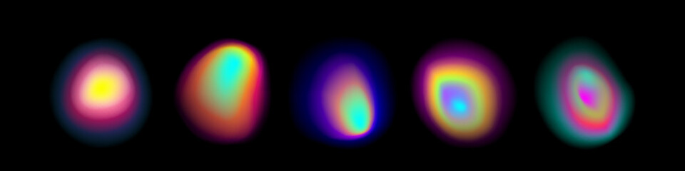 Vibrant gradient aura shapes collection - soft blurred colorful orbs with rainbow glow effects on black background for modern design, energy visualization or holographic artwork with light patterns.