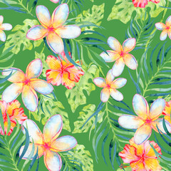 Hawaiian watercolor seamless tropical floral pattern on green background