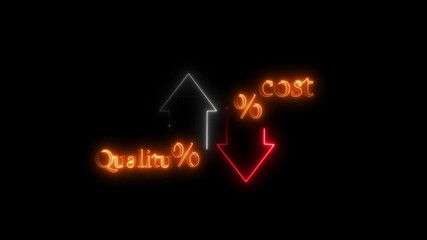 Quality neon control and company cost reduction. Successful organization strategy and management. Percentage icon of quality and cost with up and down - Powered by Adobe