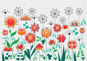 abstract floral background, colour vector symmetrical folk flowers isolated on grainy polka dots paper background, spring, summer, easter template ideal for card, banner, poster, wallpaper, cover
