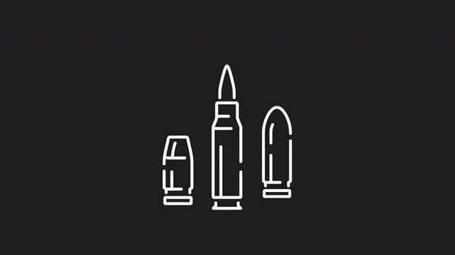 Caliber white line animation. Bullets line animation. Caliber icon animation showcasing three bullet cartridge components with dynamic motion, ideal for bulletproof vests.