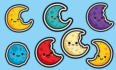 Cute Kawaii Moon Faces with Bites and Colors, A whimsical collection of seven cartoonish crescent and full moon icons, each with adorable facial expressions
