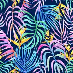 Jungle palm leaves seamless tropical watercolor pattern