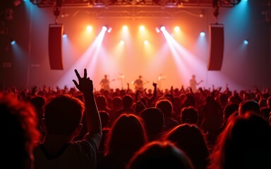 A massive gathering of excited individuals enjoying a live concert, with bright lights and musicians on stage. High quality