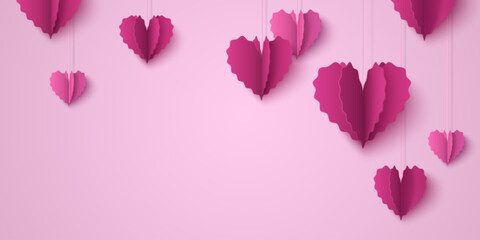 Pink heart garland with scalloped edges hanging on strings - paper cut decorations for romantic Valentine day display. Realistic 3d folded cutouts on pastel background for love celebration decor.