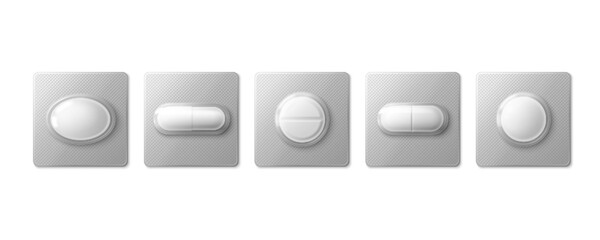 Naklejka na ściany i meble Silver blister pack pills - white 3d tablets, capsules in metallic foil packaging for pharmaceutical display. Medicine oval, round, scored forms sealed individually on aluminum sheets for drug store.