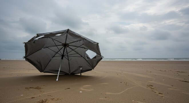 Abandoned broken umbrella lying on the sandy beach under a cloudy sky
