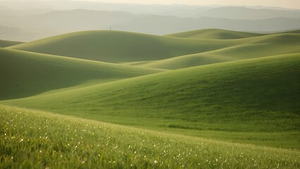 Obraz premium Peaceful Rolling Green Hills Serene Landscape with Soft Light And Wide View